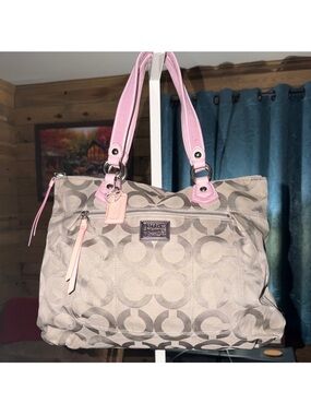 Coach Poppy Beige Signature Canvas Shoulder Bag with Pink Trim